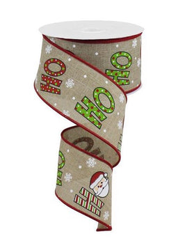 ITEM RGA1178 01 - 2.5"X10YD BEIGE/WHITE/RED/LIME "HO HO HO" WIRED RIBBON
