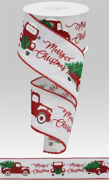 ITEM RGA190527 - 2.5"X10YD WHITE/RED MERRY CHRISTMAS WITH TRUCK RIBBON