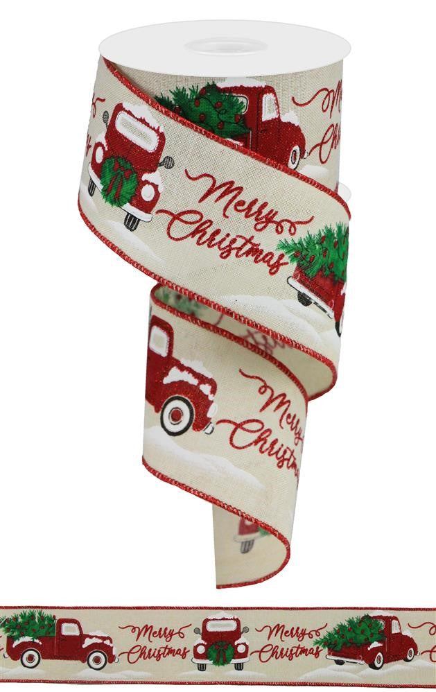 ITEM RGA190538 - 2.5"X10YD CM/RED/GR MERRY CHRISTMAS WITH TRUCK RIBBON