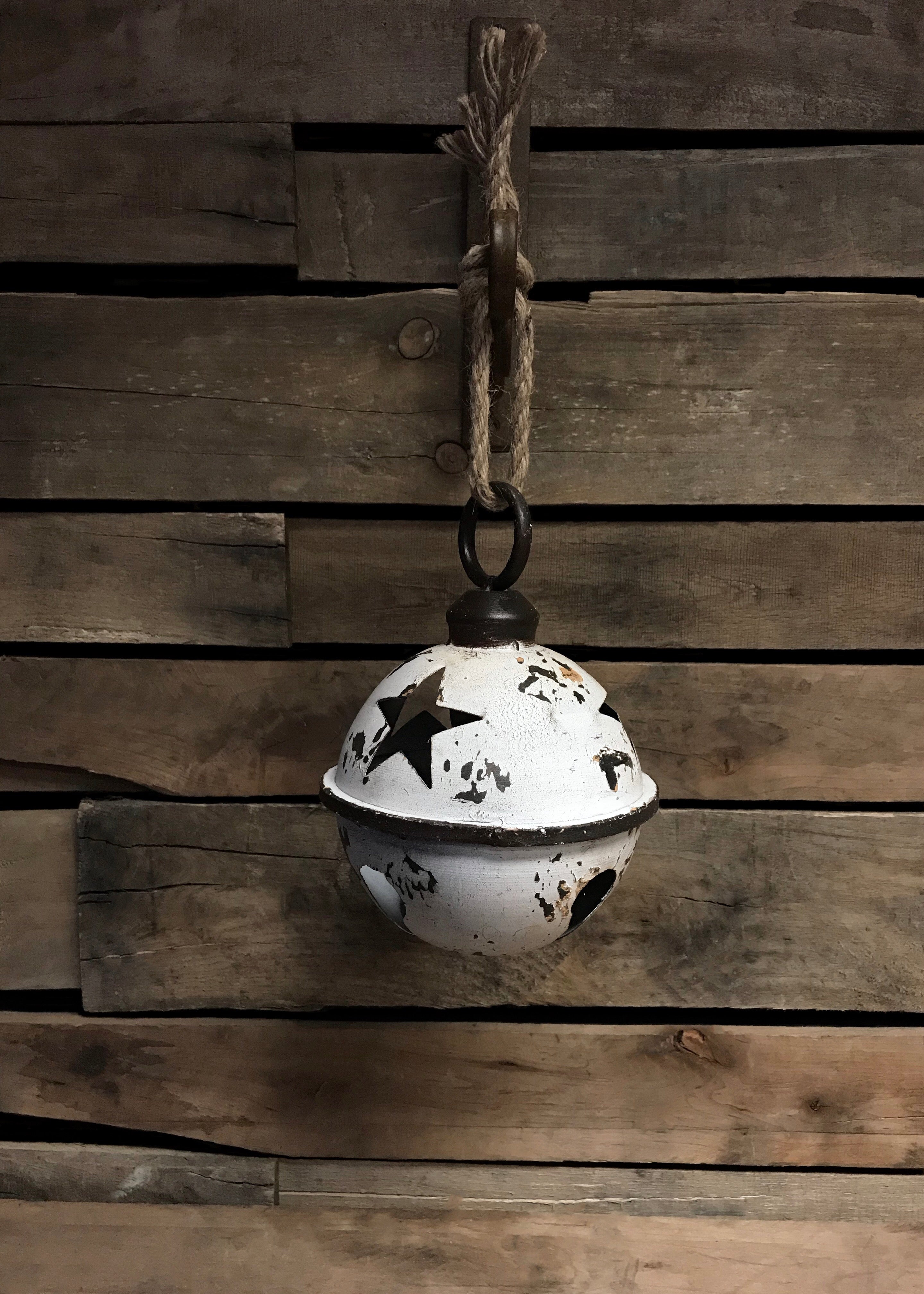 ITEM XC422130 - 7"DIA TIN ANTIQUE WHITE JINGLE BELL W/JUTE ROPE