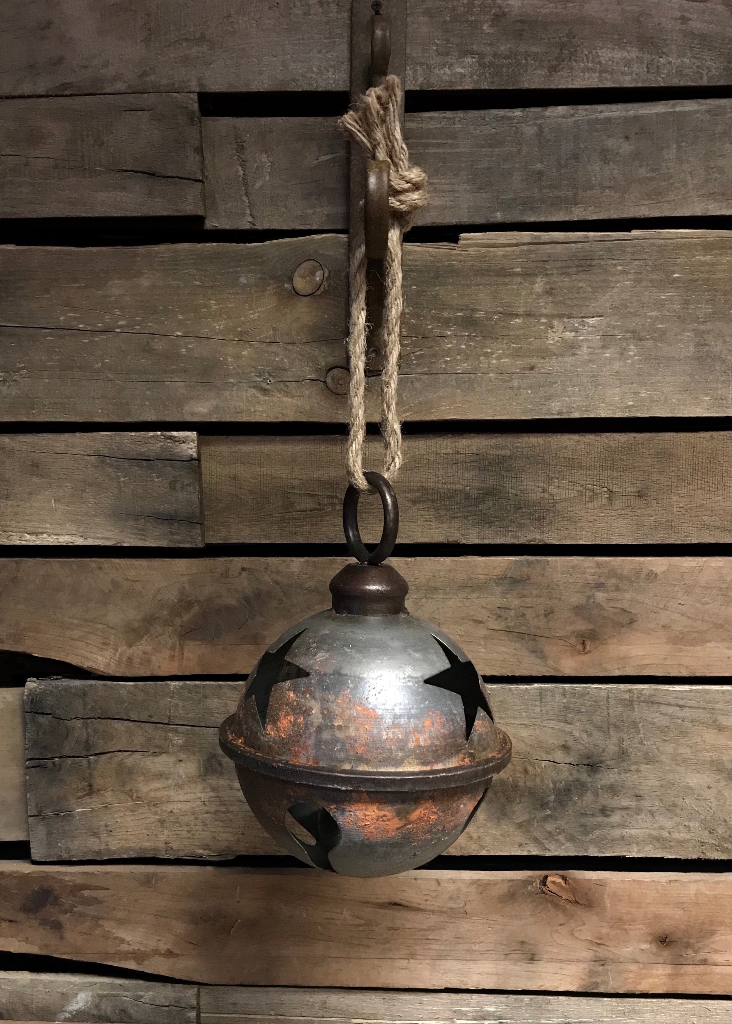 ITEM XC422132 - 7"DIA TIN ANTIQUE BROWN JINGLE BELL W/JUTE ROPE