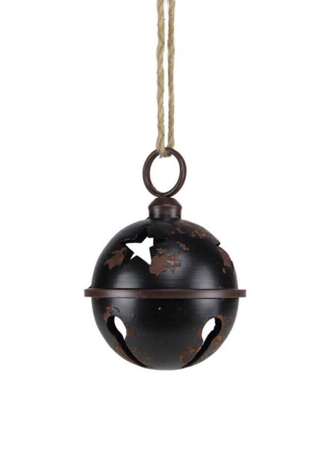 ITEM XC422149 - 7"DIA TIN ANTIQUE BLACK JINGLE BELL W/JUTE ROPE