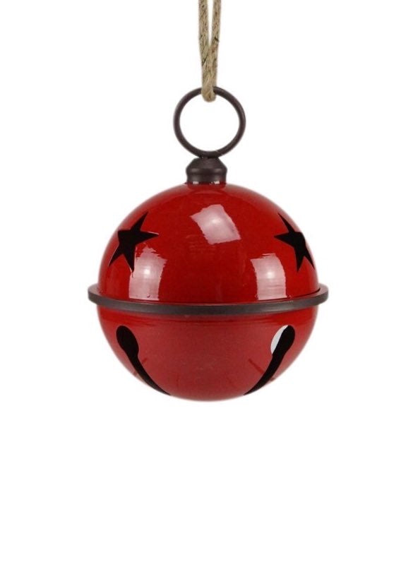 ITEM XC422156 - 7"DIA TIN SHINY RED/RUST JINGLE BELL W/JUTE ROPE