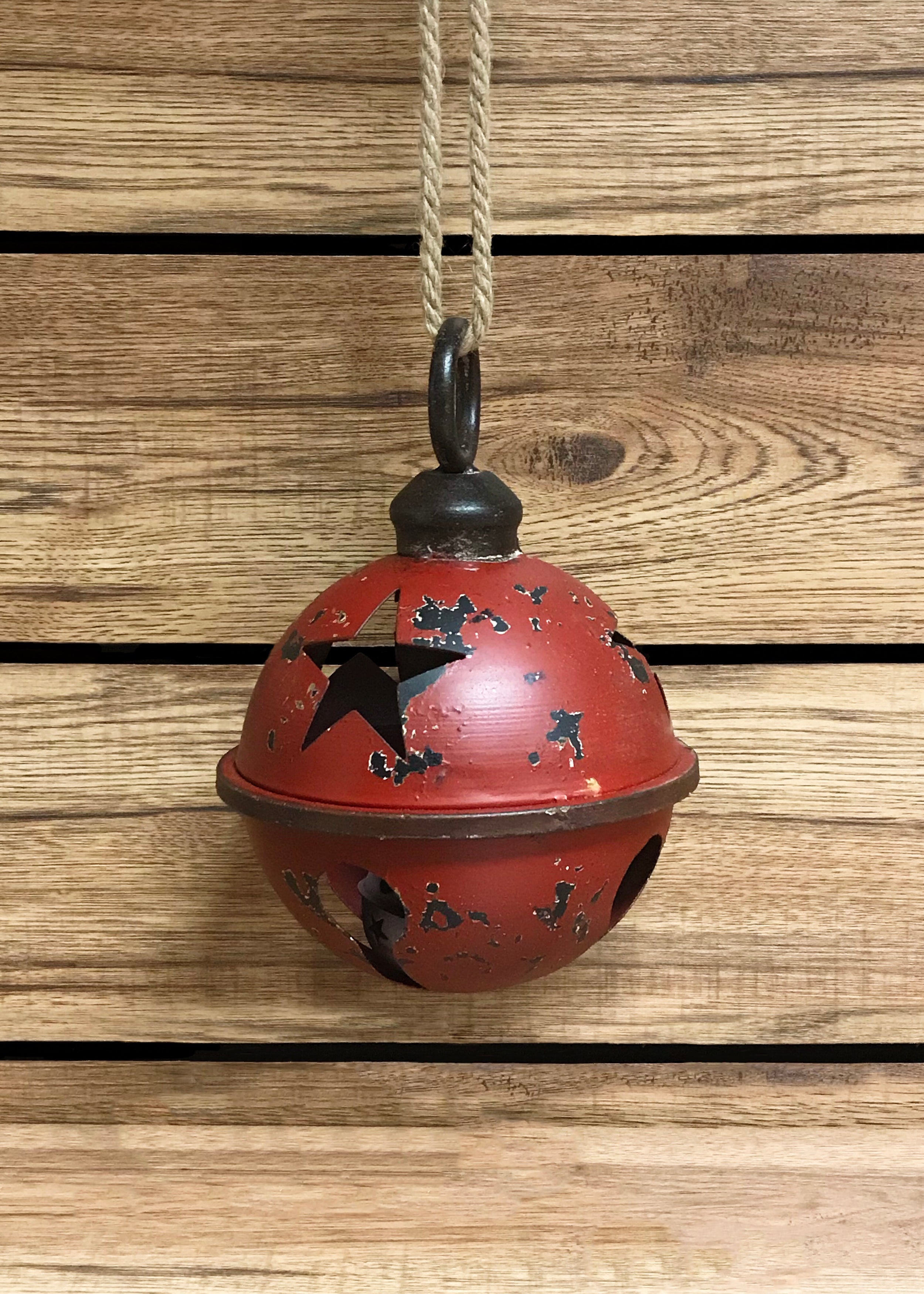 ITEM XC422231 - 9"DIA TIN ANTIQUE RED JINGLE BELL W/JUTE ROPE