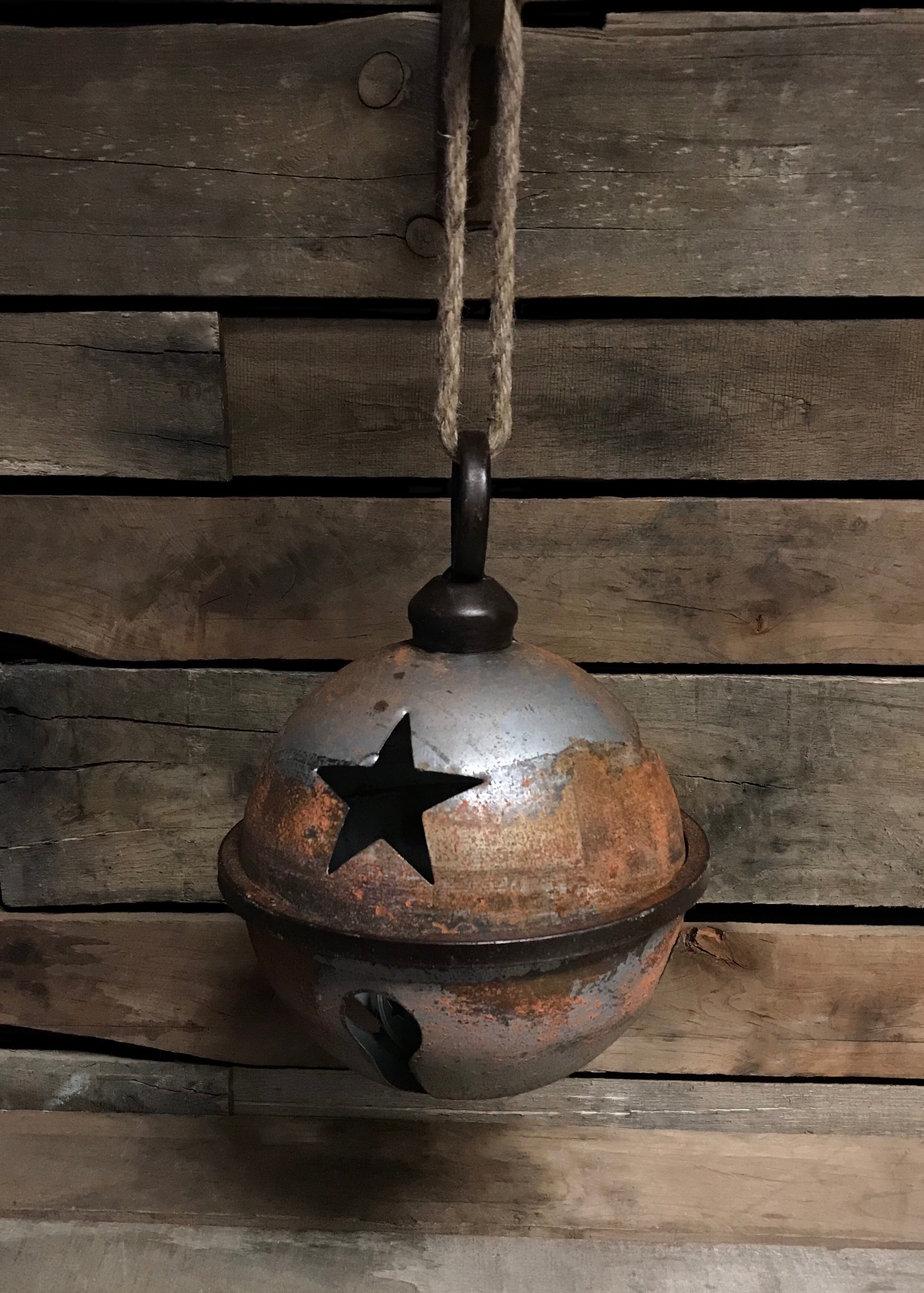 ITEM XC422232 - 9"DIA TIN ANTIQUE BROWN JINGLE BELL W/JUTE ROPE