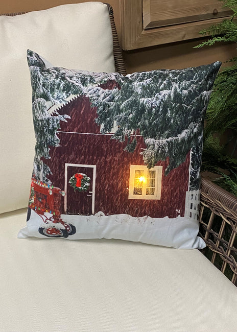 ITEM XMSH1007 BN - 18"X18" LED VELVET CUSHION WITH BARN AND TRACTOR