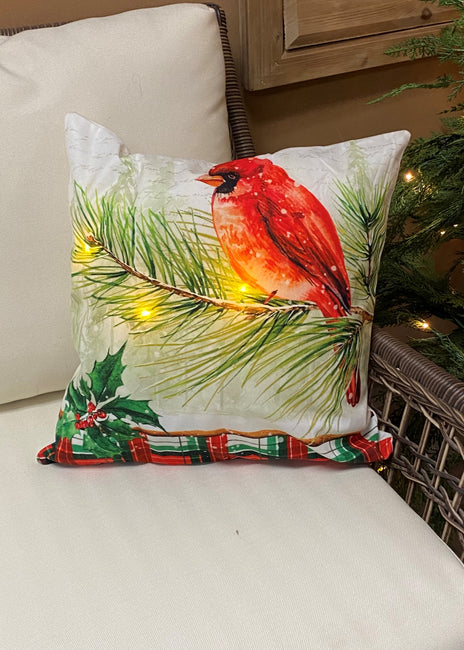 ITEM XMSH1007 CD - 18"X18" LED VELVET CUSHION WITH CARDINAL ON A BRANCH