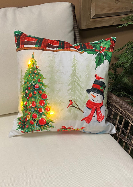ITEM XMSH1007 SW - 18"X18" LED VELVET CUSHION WITH A SNOWMAN AND A TREE
