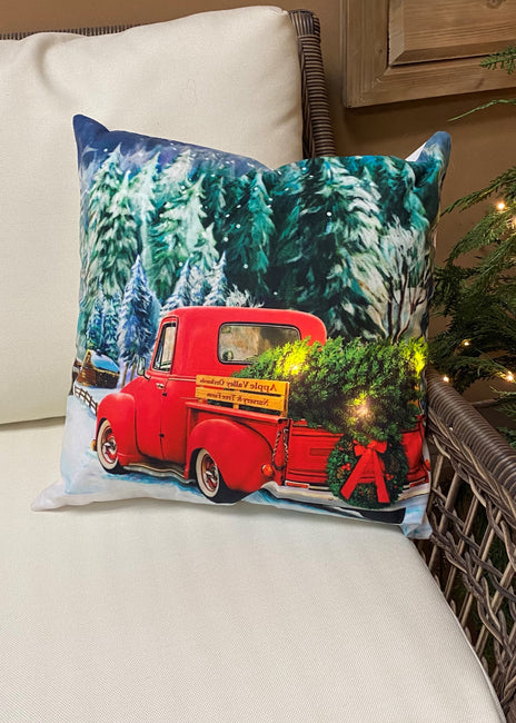 ITEM XMSH1007 TK - 18"X18" LED VELVET CUSHION WITH A RED TRUCK AND A TREE